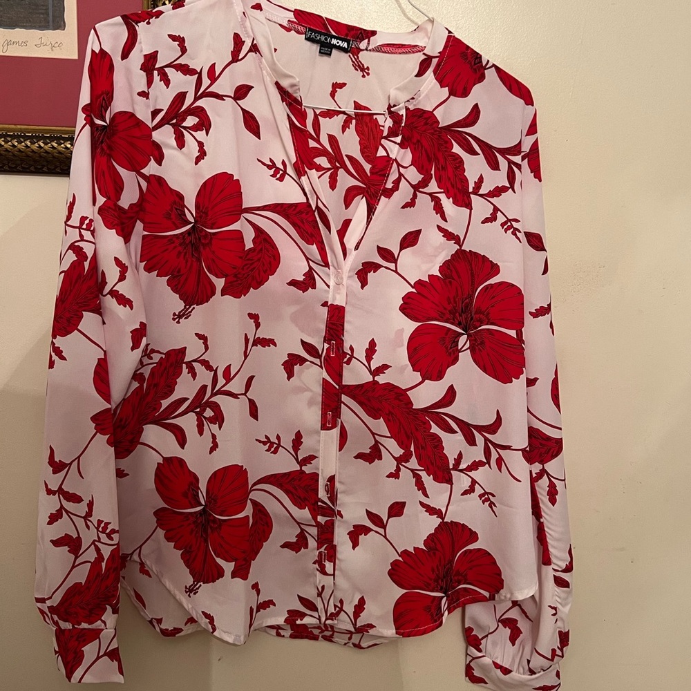 Collarless Printed Button Up Blouse